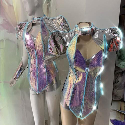 Silver Night club bar rave clothes holographic light vest DJ singer model ds stage costume sets burning man festival wear
