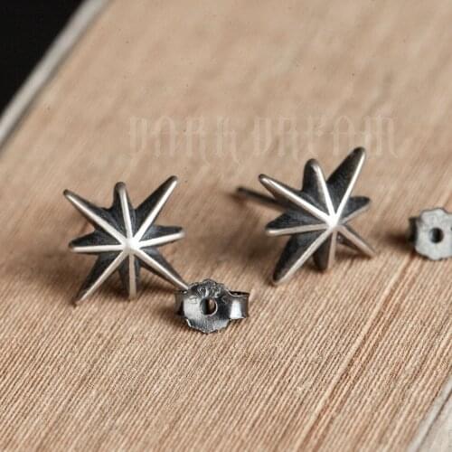 Dark Dream s925 Sterling Silver Eight-Pointed Polar Star Stud Earrings, Old Three-Dimensional Trendy Exquisite Starlight Earring