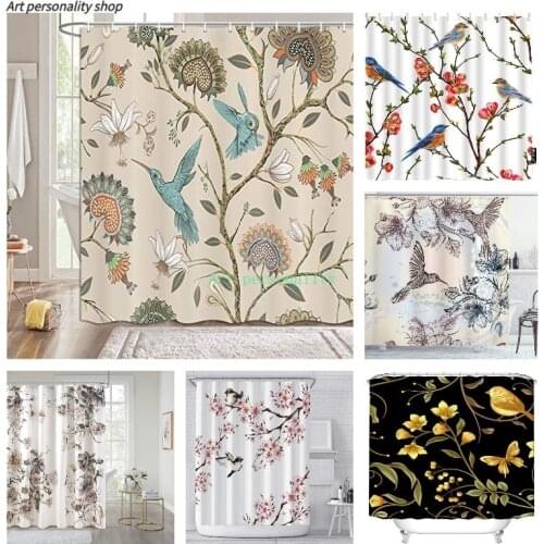 Khaki Floral Pattern Shower Curtain Modern Bohemian Style Blue Birds Print Bathroom Shower Curtain Elegant Lovely Flowers Animal