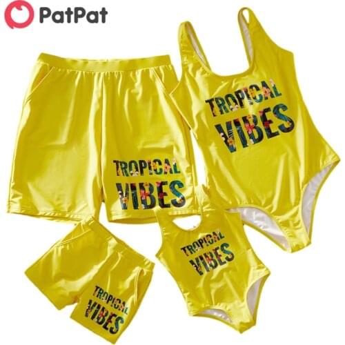PatPat Tropical Flower Alphabet Printed Matching Swimsuits Family Look Letter Positioning print Yellow One-piece Swimwear