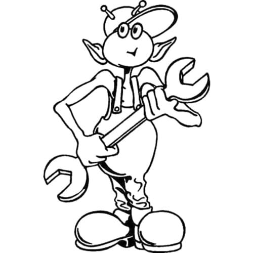 9.8cm*14.9cm Cartoon Funny Alien Mechanic Vinyl Car-styling Decal Car Sticker Black/Silver S6-3381