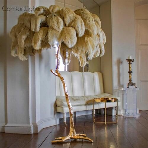 Modern Luxury Ostrich Feather Floor Lamp Copper Brass Gold Nordic Standing Lamp for Living Room Villa Tripot Decorative Lighting