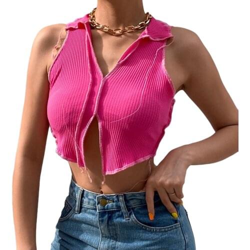 Womens Solid Color Sleeveless Slim Fitting V-Neck Exposed Navel Soft Wild Knitted Vest Summer Ribbed Cropped Tank Top