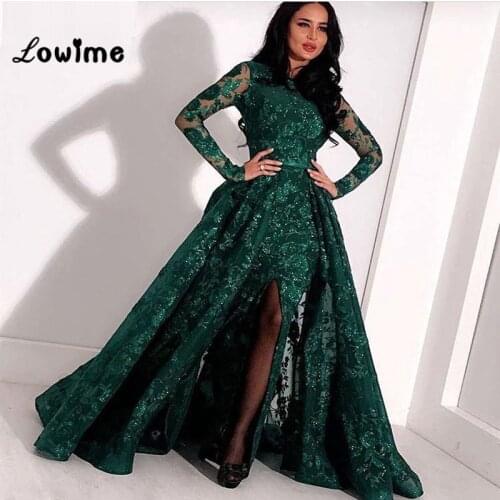 Emerald Green Lace Evening Dress With Detachable Skirt Mermaid Arabic Prom Gowns Dubai Kaftan Saudi Women Long Prom Dresses 2019