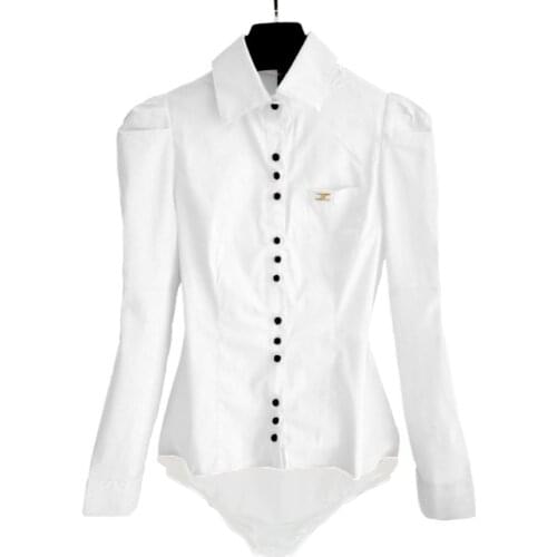 Office Ladies Vintage Long Sleeve Button Bodysuit Cotton Body Shirt with One Pocket Elastic Mesh Panty Dark Blue White Red S-3XL