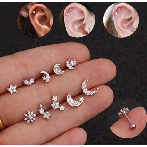 1 PCS Trendy Stainless Steel Cute Mini Moon Star Flower Ear Bone Stud Cuff Earrings New Zircon Double Sided Ball Ear Jewelry