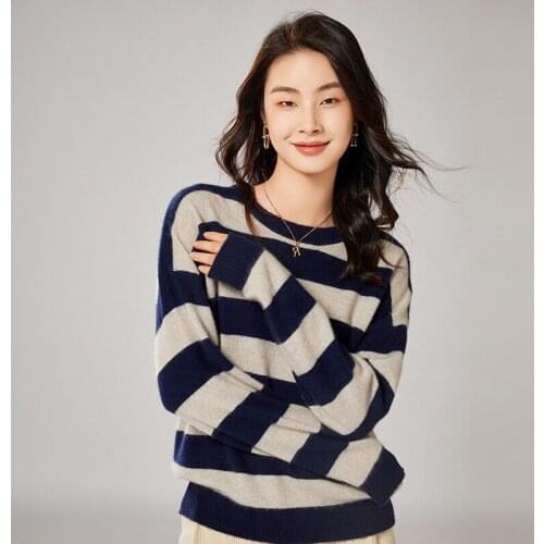 2021 woman winter 100% Cashmere sweaters knitted Pullovers jumper Warm Female O-neck blouse striped long sleeve clothing