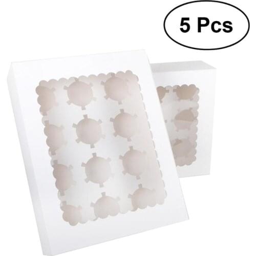 5pcs Portable 12-Cavity Cupcake Box Container Muffin Window Box Holding Cupcakes In Cake Box Cupcake Box Container (White)