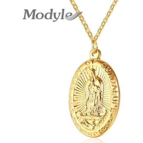 Modyle 2020 New Hip Hop Gold Color Stainless Steel Virgin Mary Coin Style Pendant Necklace for Men Woman Prayer Jewelry