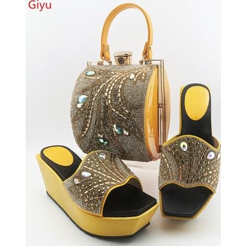 Doershow beautiful yellow Italian Shoes With Matching Bags African Women Shoes and Bags Set For Prom Party Summer Sandal!SES1-9