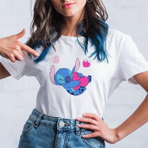 T Shirt Women Disney Summer New Products Short Sleeve Lilo & Stitch Cartoon Printing Black White Fashion T-Shirt Female Comfort