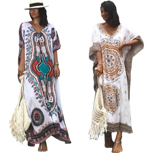 African Traditional Style Dashiki Robes for Woman Ethnic Printed Boho Plus Size Dress Ladies Bat Sleeve Beach Summer Gowns