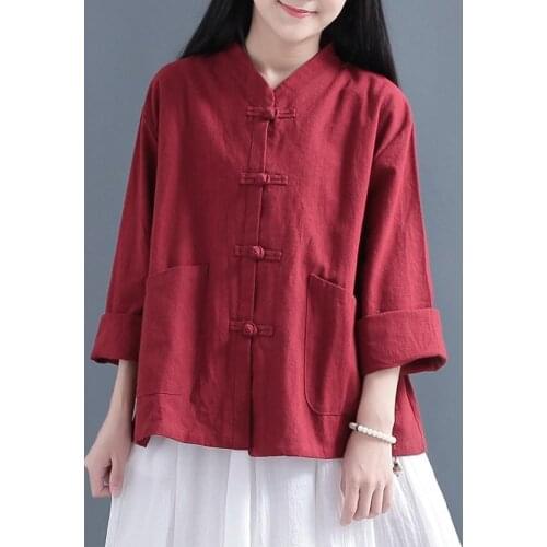 Cotton Linen Shirt Women Vintage Blouse Long sleeve Solid color Loose Ladies Tops Casual V neck Button up Shirts Jacket