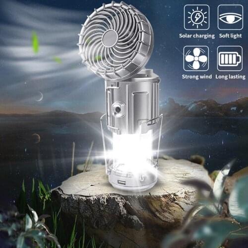 Camping Supplies LED Camping Lamp Outdoor USB Rechargeable Portable Lantern With Fan Phone Charge Solar Rechargeable Flashlight
