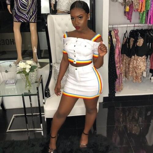 TWO PIECE SET Mini Skirt Stripe Sexy Club Crop Top Spaghetti Strap Single Breasted Short Sleeve Off Shoulder 2 Piece Suit Outfit