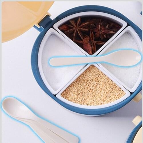 Multi-function Creative Seasoning Container Spice Jar With Spoon Sugar Salt Pepper Storage Box Four Grid Lid Kitchen Accessories