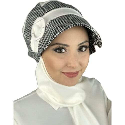Islamic Fashion Muslim Women Hijab 2021 Trend Scarf Buckle Ready Sal Black White Pattern White Horsehair Hat