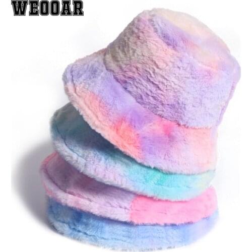 WEOOAR Rainbow Tie-Dye Womens Bucket Hat for Men Winter Panama 2021 Luxury Plush Fishing Bob Fisherman Bone Hip Hop Caps MZ229