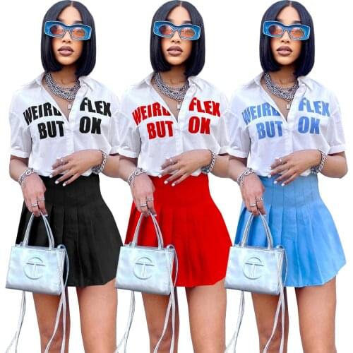 European and American sexy womens fashion letter printed shirt + pleated skirt 2-piece short skirt suit