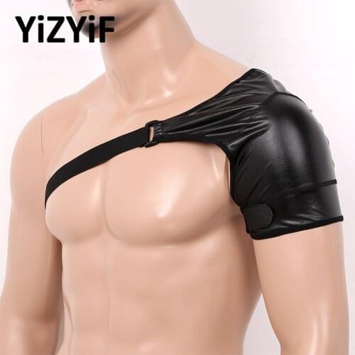 Mens Wet Look Faux Leather Elastic Single Shoulder Brace Support Strap Injury Protector Wrap Belt Harness Men Shoulder Straps