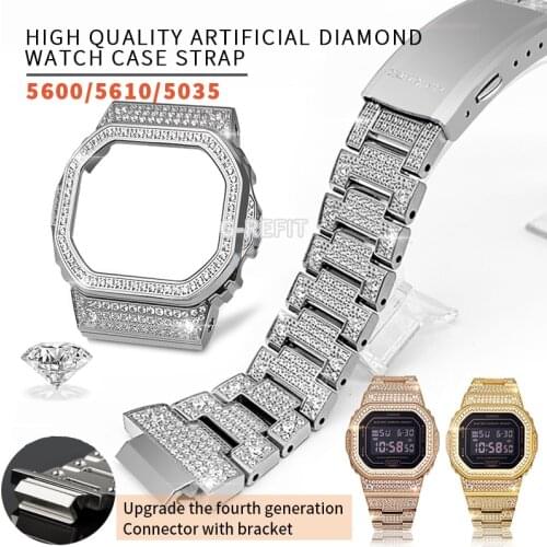 G-Refit 316L Stainless Steel DW5600 G5600E Diamond Inlaid Watch Strap Bezel For G-Shock DW5000 GW-B5600 Case Band and With Tools