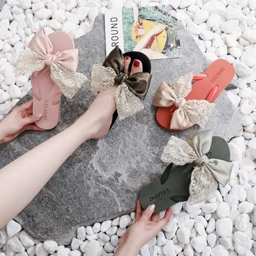 New EVA Women Lace Bow Slippers Silk Indoor Shoes Slip On Flip Flop Ladies Beach Shoes Slipper Outdoor Casual Sweet Slippers