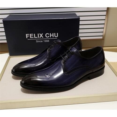 Stylish Luxury Patent Leather Mens Formal Derby Shoes Business Office Work Dress Shoes Lace Up Pointed Toe Men Shoes Blue Black