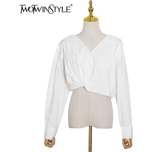 TWOTWINSTYLE Casual Asymmetrical Short Tops For Women Lapel Long Sleeve Black Blouse Female New Clothing 2020 Autumn Fashion