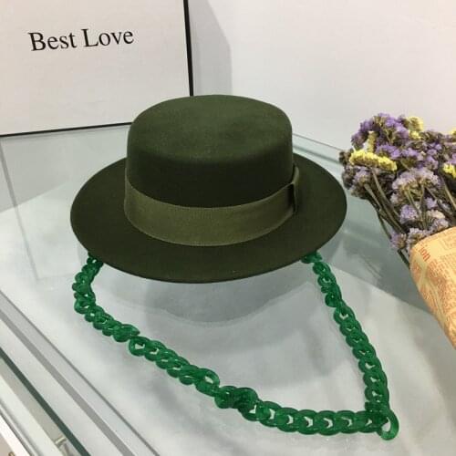 2021 new arrival style green flat top wool hat for women with green chains fashion party felt hat male tide jazz hat