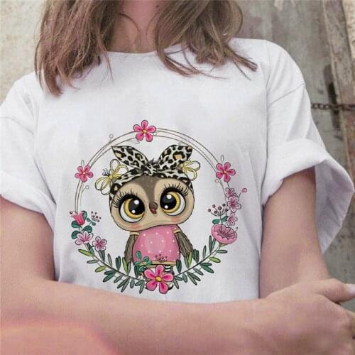 Cute owl graphic Printed Female Tshirt White Round Neck Summer Women T shirt Short Sleeve Ulzzang Harajuku Ladies T-shirt