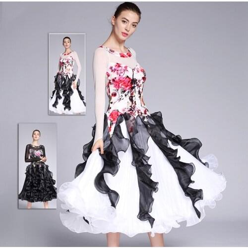 Women Modern Dance Wear Ribbon Big Hemlines Dress Ballroom National Standard Waltz Jazz Square Dancing Performance Costume