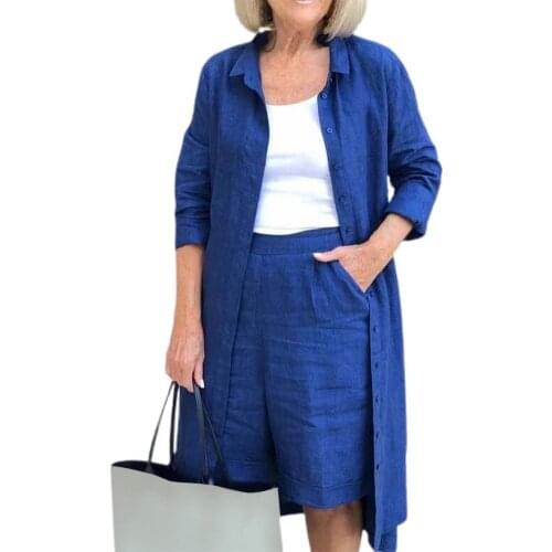 Women Outfit Set 2021 Fashion Women Shorts Set Long Sleeve Long Style Shirt Shorts Two Piece Set for Daily Wear