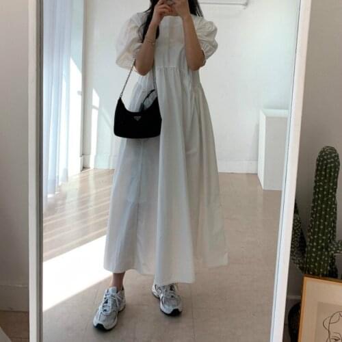 Loose Long Dress Puff Sleeve Irregular Waistline Ruffle Maxi Sundress Women Summer Vintage Elegant Gray
