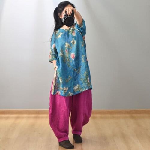 Women Loose Ramie Printed Dress Ladies Vintage Print Floral Dresses Female 2020 Summer Ramie Dress