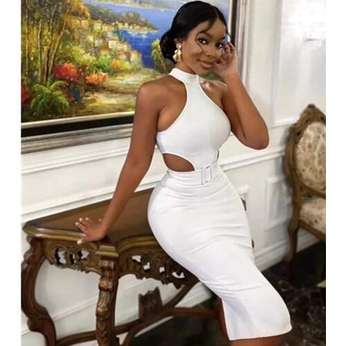 Women Summer Sexy Hollow Out Knee Length White Bodycon Bandage Dress 2021 Designer Elegant Evening Party Dress Vestido
