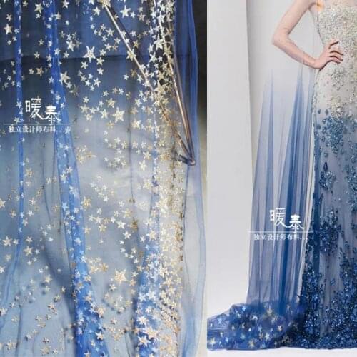 Star Sequins Hot Stamping Blue Gradient Tulle Mesh Fabric DIY Tutu Skirt Wedding Party Stage Dress Decor Designer Glitter Fabric