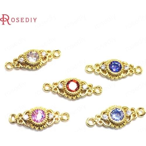 10PCS 8x20MM 24K Champagne Gold Color Brass and Zircon Long Oval Shape Connect Charms Pendants Jewelry Making Supplies Findings
