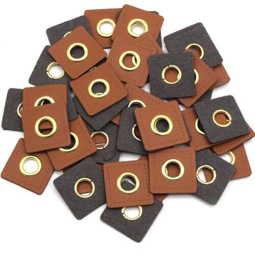 20Pcs Square PU Leather Labels Metal Brass Eyelets Grommets Labels For Shoes Sew On Badges Patches Brown Label 25*25MM