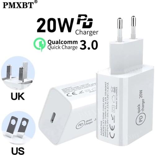 20W PD USB Type C Port Quick Charger Adapter For iPhone 12 Pro Max 11 XS XR Fast Charging QC 3.0 EU/US/UK Plug Travel PD Charger