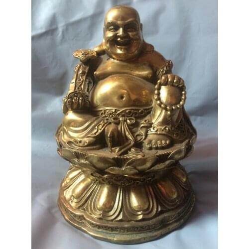 7"chinese buddhism brass wealth ruyi lotus Maitreya Buddha immortal lucky statue metal handicraft