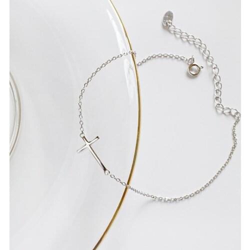 925 Sterling Silver Simple Sideways Cross Chain Bracelet Anklet A2727