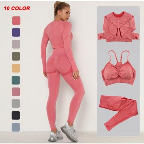 Seamless Yoga Set Women Gym Clothing Workout Sportswear Long Sleeve Crop Top Sport Bra High Waist Fitness Leggings Sports Suits