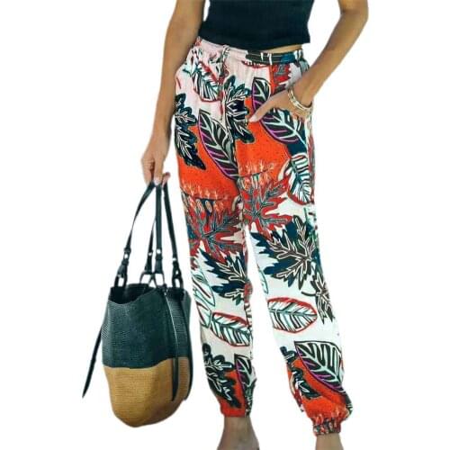 Women Pencil Pants Leaf Print Drawstring Ankle Tied Elastic Waist Side Pockets Loose Office Ladies Trousers Beachwear