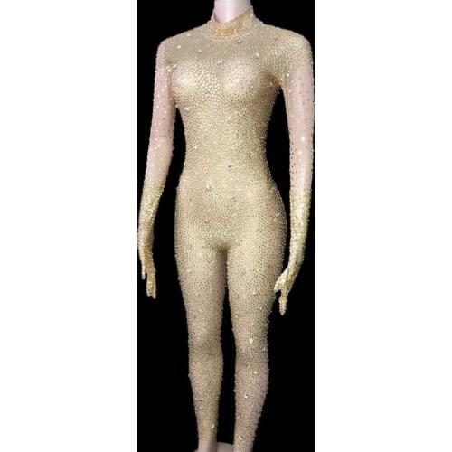Gold Pink Rhinestone Gloves Jumpsuit Prom Women Dance See Through Outfit Transparent Birthday Celebrate Evening Leggings