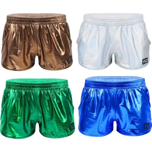 Men Hot Shorts Shiny Metallic Low Rise Boxer Shorts Stage Performance Clubwear Costumes Gymnastic Swimsuit Homme Pants Underwear
