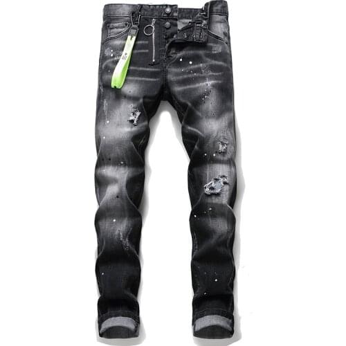 Famous Brand European dsq Biker Jeans Men Slim Jeans Pants Mens Denim Trousers Zipper Black Hole Pencil Pants Jeans for Men
