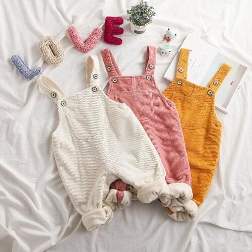 Winter New Kids Overalls Korean Solid Plus Velvet Warm Jumpsuits For Boys Girls Childrens Corduroy Overalls Baby Trousers Pants