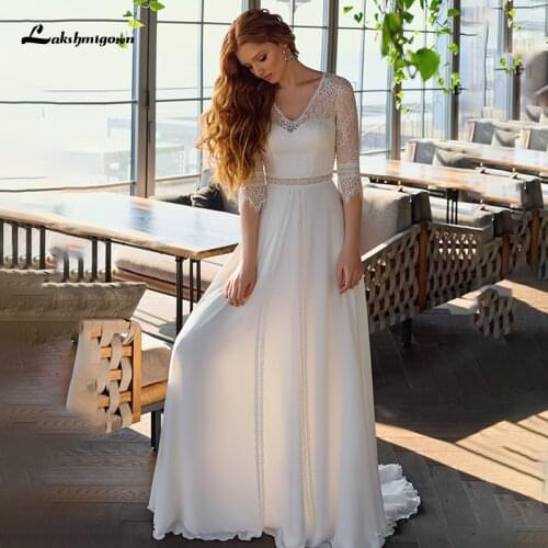 Lakshmigown Chiffon A-Line Wedding Dress with Half Sleeve V Neck Robe Mariee Plus Size Lace Bridal Gown vestido de novia