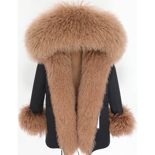 MAOMAOKONG Super Natural Wool Fur Park Winter Thickened Faux Fur Lined Oversized Fur Collar Jacket