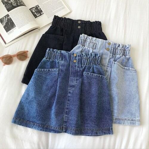 Fashion Denim Women Skirt Summer Elegant Females High Waist Pocket Skirts Chic Ladies Elastic Waist A-line Denim Button Skirt